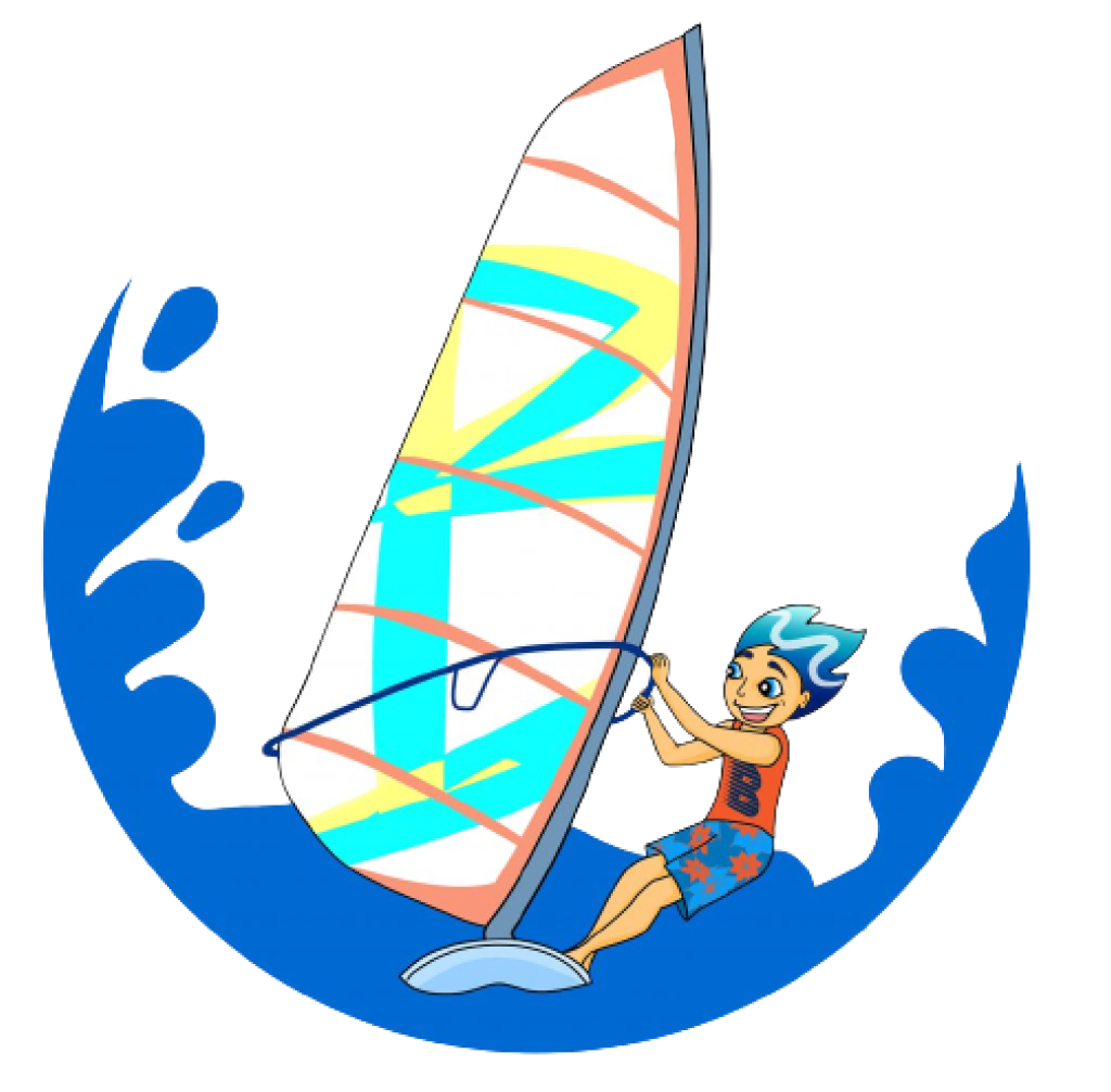 Bluewind mascot having a blast windsurfing